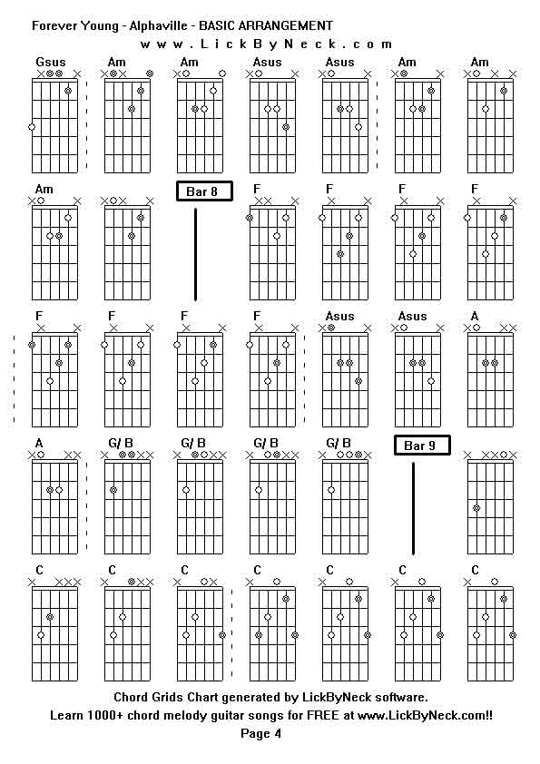 Chord Grids Chart of chord melody fingerstyle guitar song-Forever Young - Alphaville - BASIC ARRANGEMENT,generated by LickByNeck software.